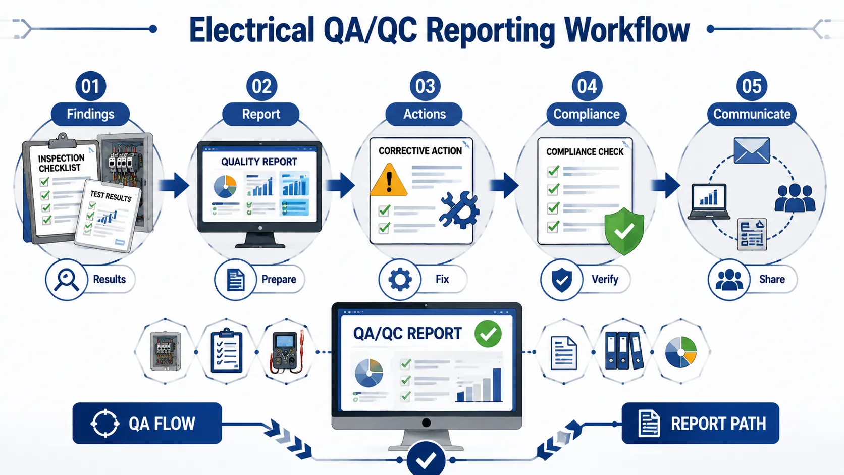 Lesson No 1: Documentation and Reporting in Electrical Quality Assurance 3 Electrical QAQC workflow diagram 1
