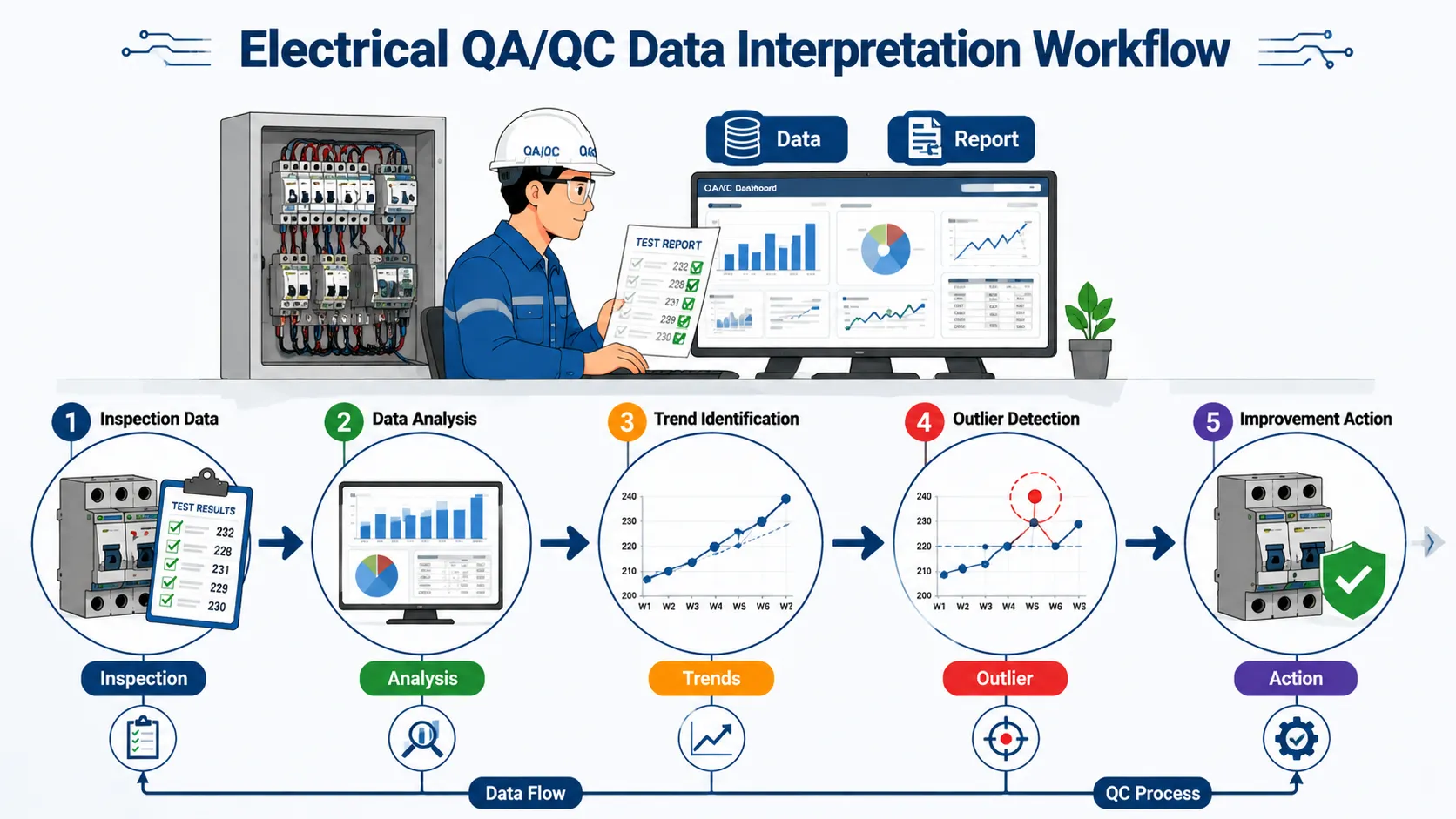Lesson No 1: Statistical Analysis and Data Interpretation in Electrical QA/QC 2 Electrical QAQC workflow diagram 3