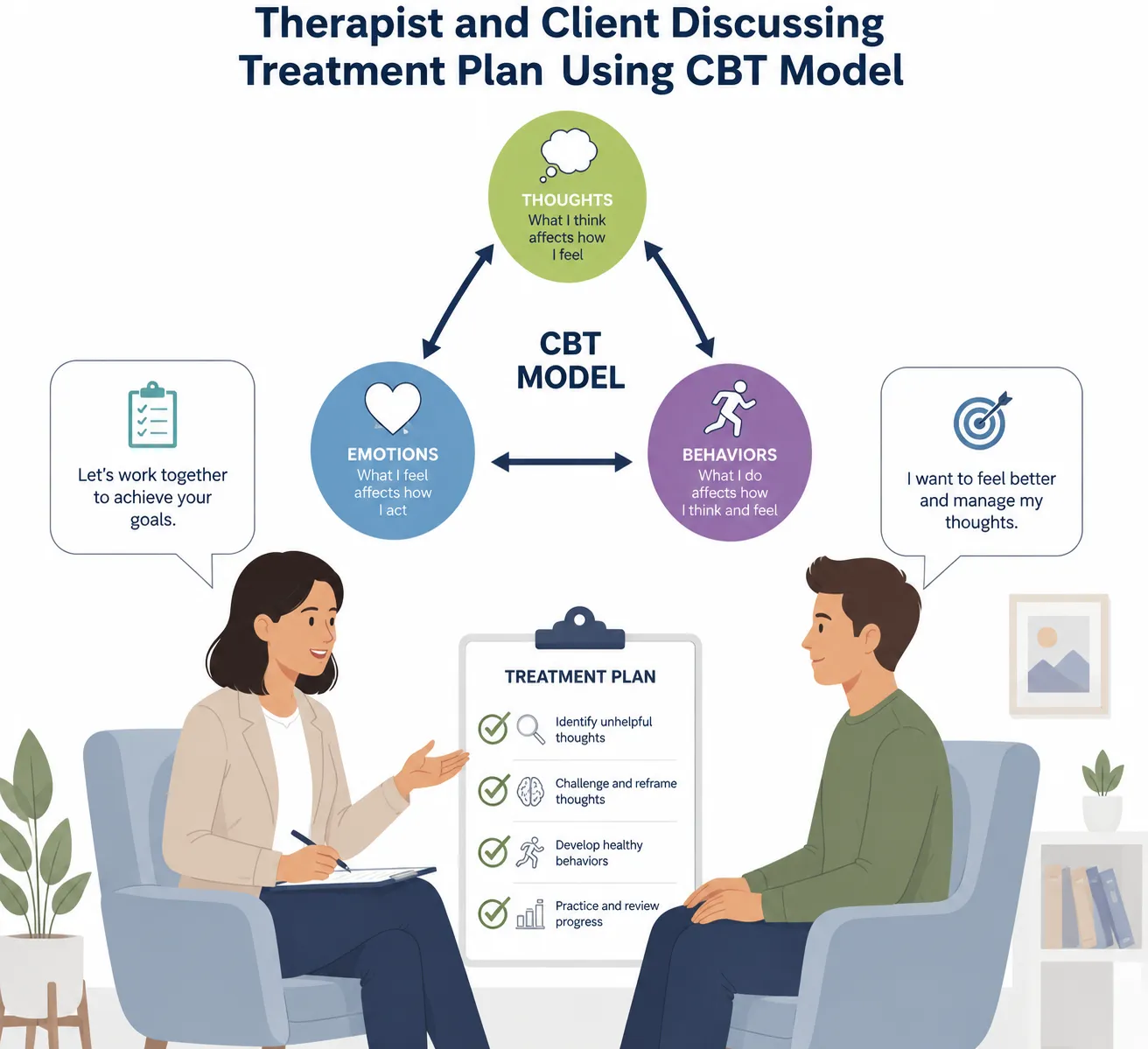 Lesson 2: Explain Case Formulation 2 Therapist and client discussing CBT model