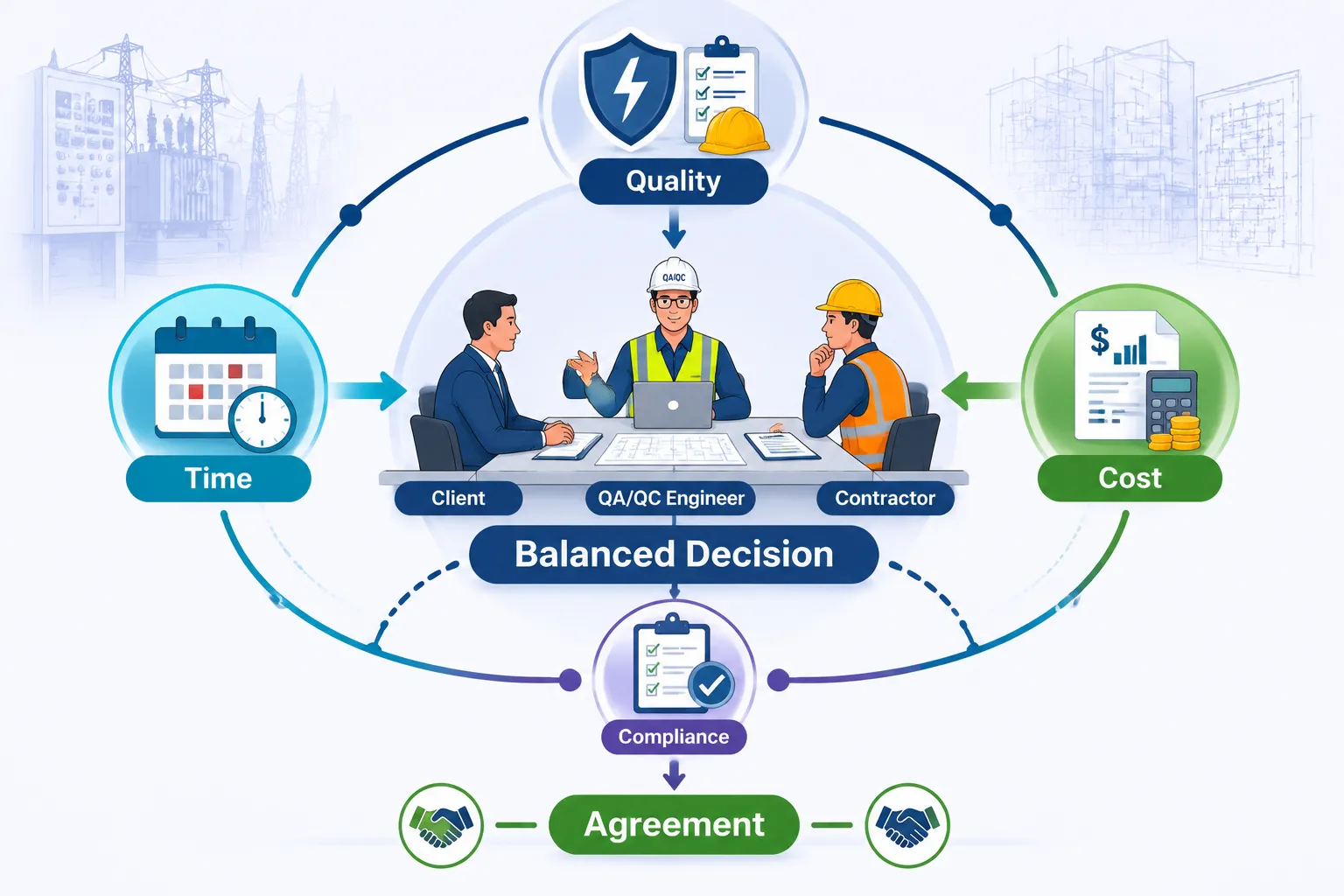 Lesson 6: Manage stakeholder expectations in high‑pressure project environments. 3 Balanced Construction QAQC Decision Flow