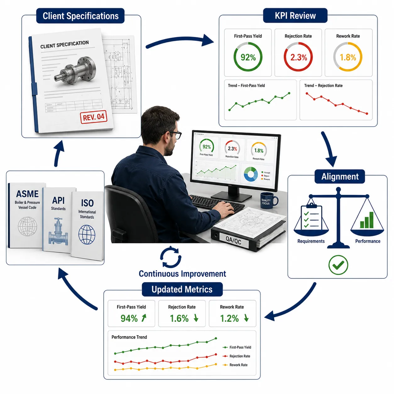 Lesson 5: Implement control charts, KPIs, and performance metrics to maintain high-quality standards. 4 Continuous Improvement Quality Workflow