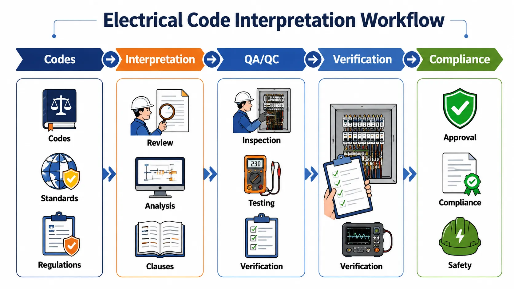 Lesson 4: Interpret and apply national and international electrical codes and regulations. 1 Electrical Code Workflow Infographic 2