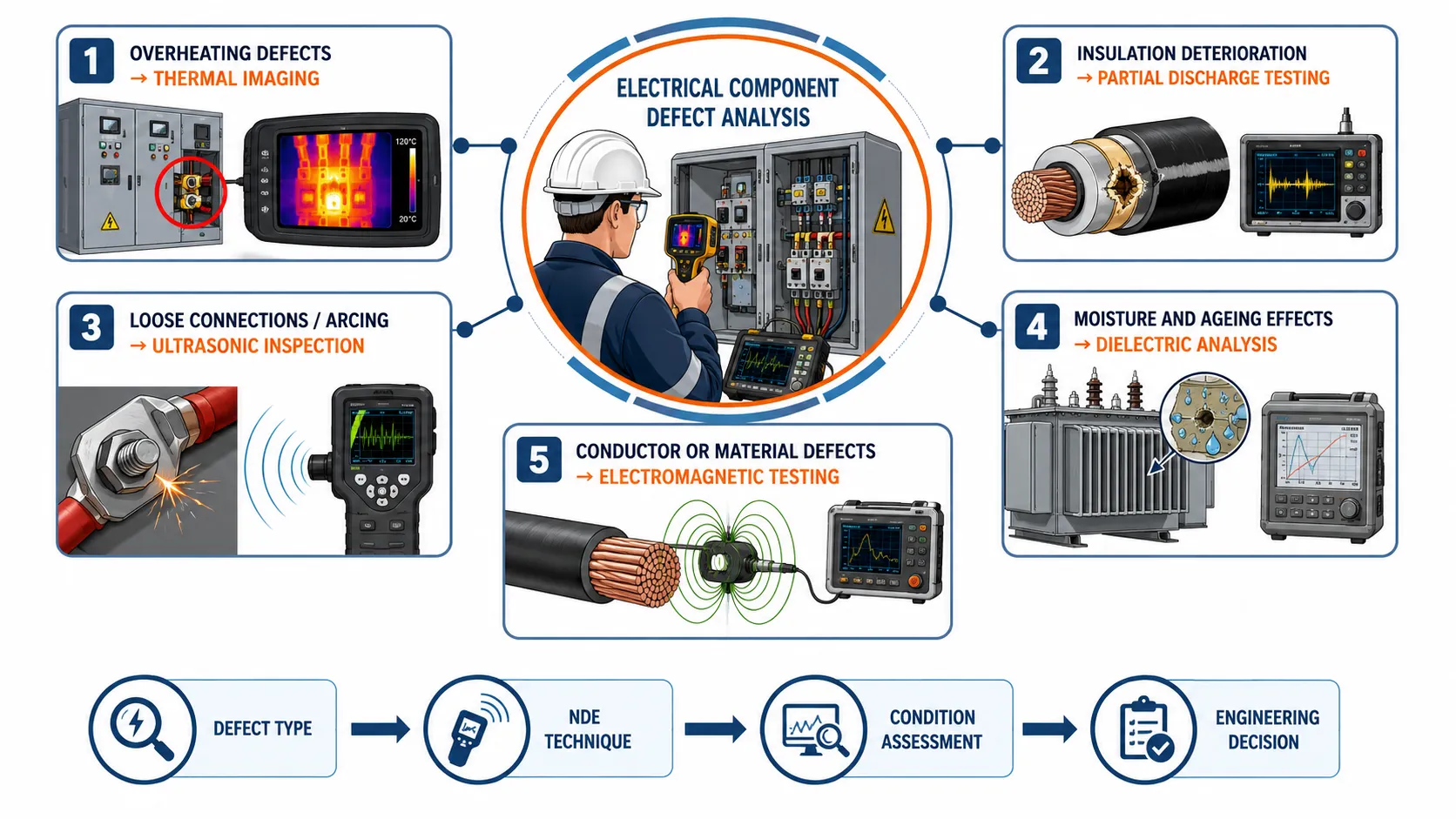 Lesson 2: Evaluate the suitability of different NDE techniques for specific electrical applications. 1 Electrical Component Defect Analysis Infographic