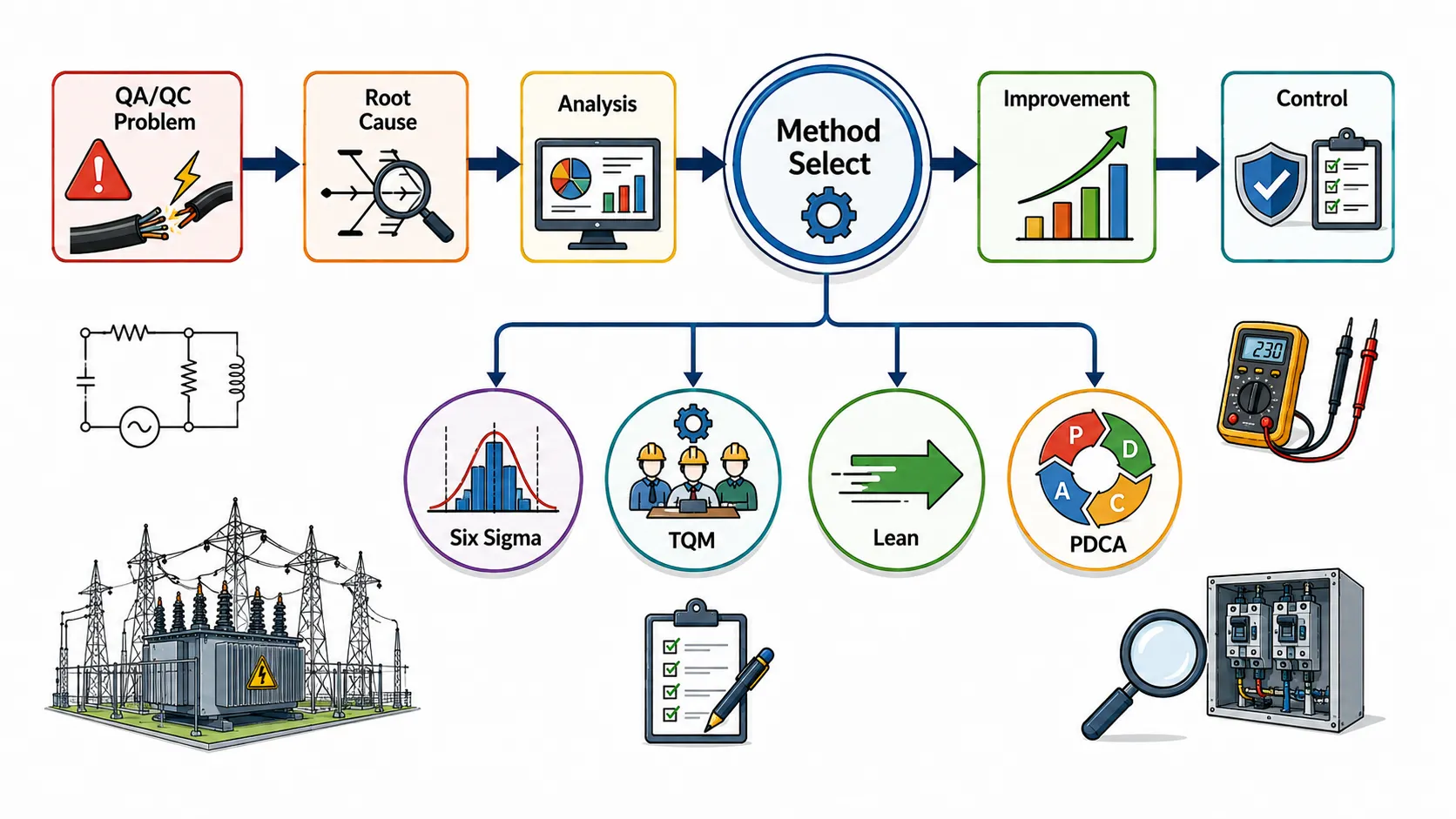 Lesson 4: Integrate Continuous Improvement Methodologies (e.g., Six Sigma, TQM) into QA/QC Processes 1 Electrical QAQC Continuous Improvement Flow 1