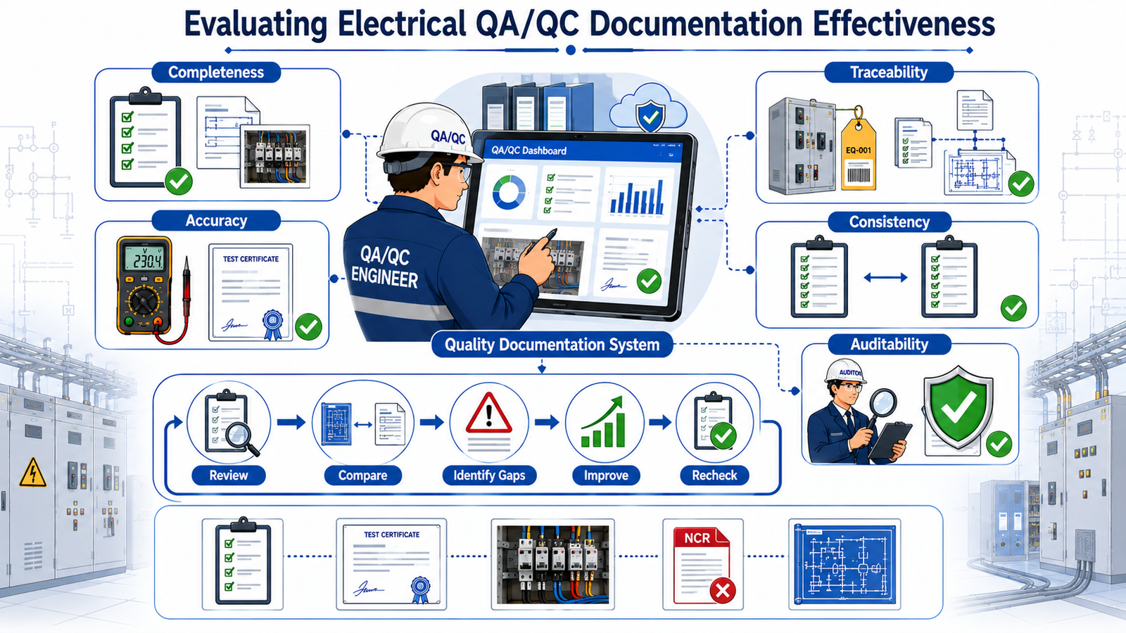 Lesson 7: Document inspection findings in line with international QA/QC standards. 4 Electrical QAQC Documentation Dashboard