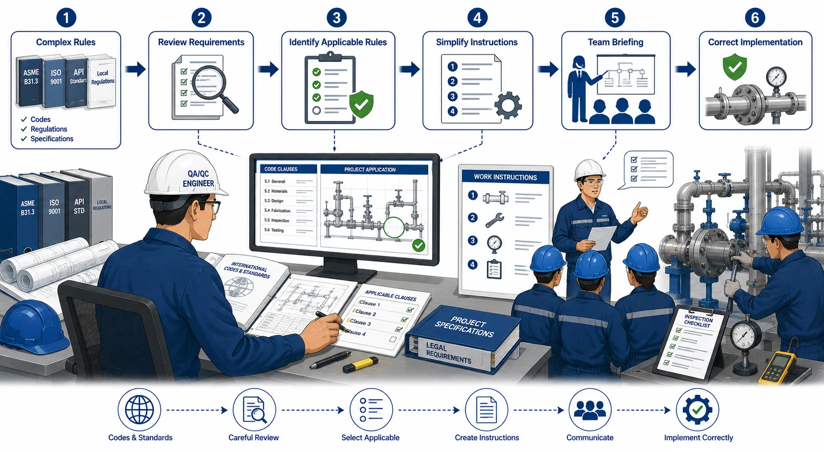 Lesson no 6 : Advise teams on legal, industry-specific, and international requirements in mechanical QA/QC. 1 Engineering Compliance Process Infographic