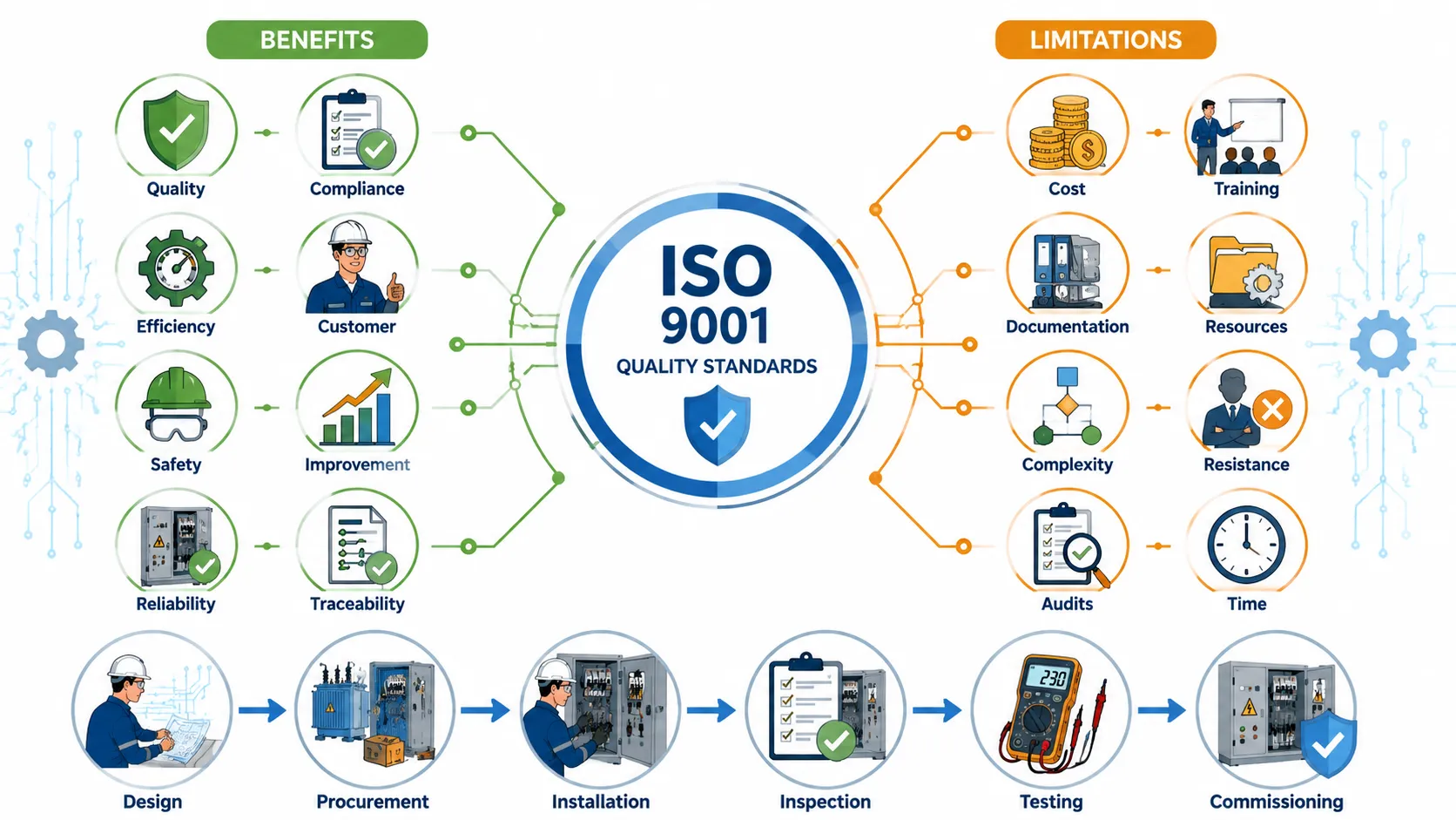 Lesson 1: Critically Evaluate International Quality Standards (e.g., ISO 9001) and Their Application in Electrical Engineering 2 ISO 9001 Benefits and Limitations Infographic