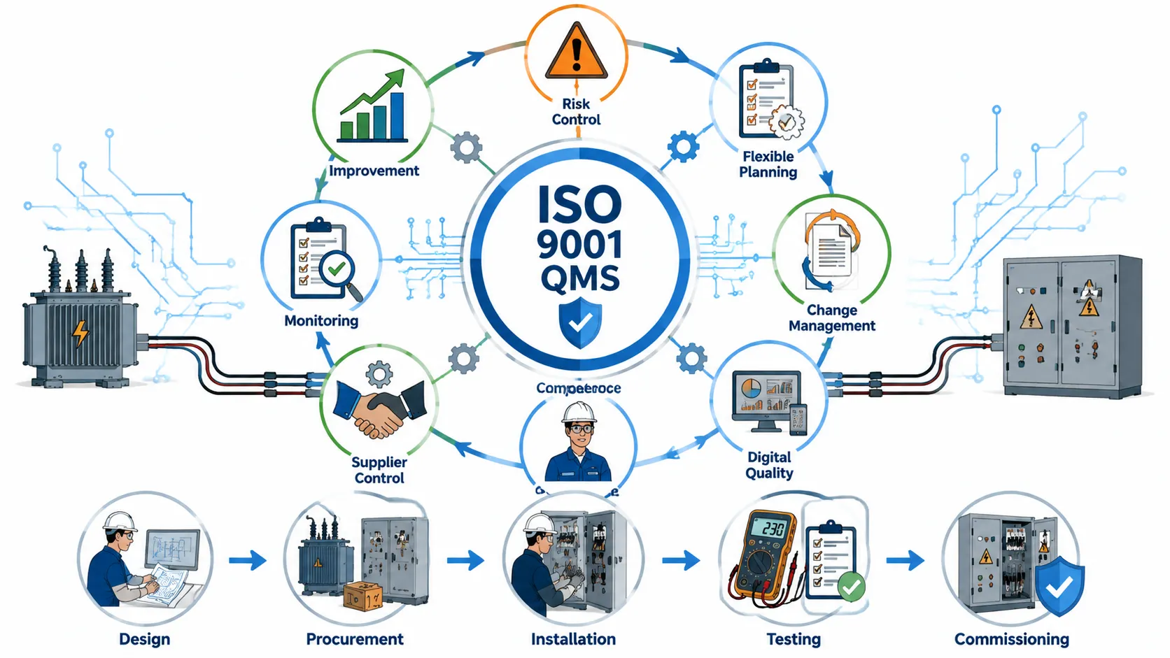 Lesson 1: Critically Evaluate International Quality Standards (e.g., ISO 9001) and Their Application in Electrical Engineering 3 ISO 9001 Electrical Project Workflow Cycle