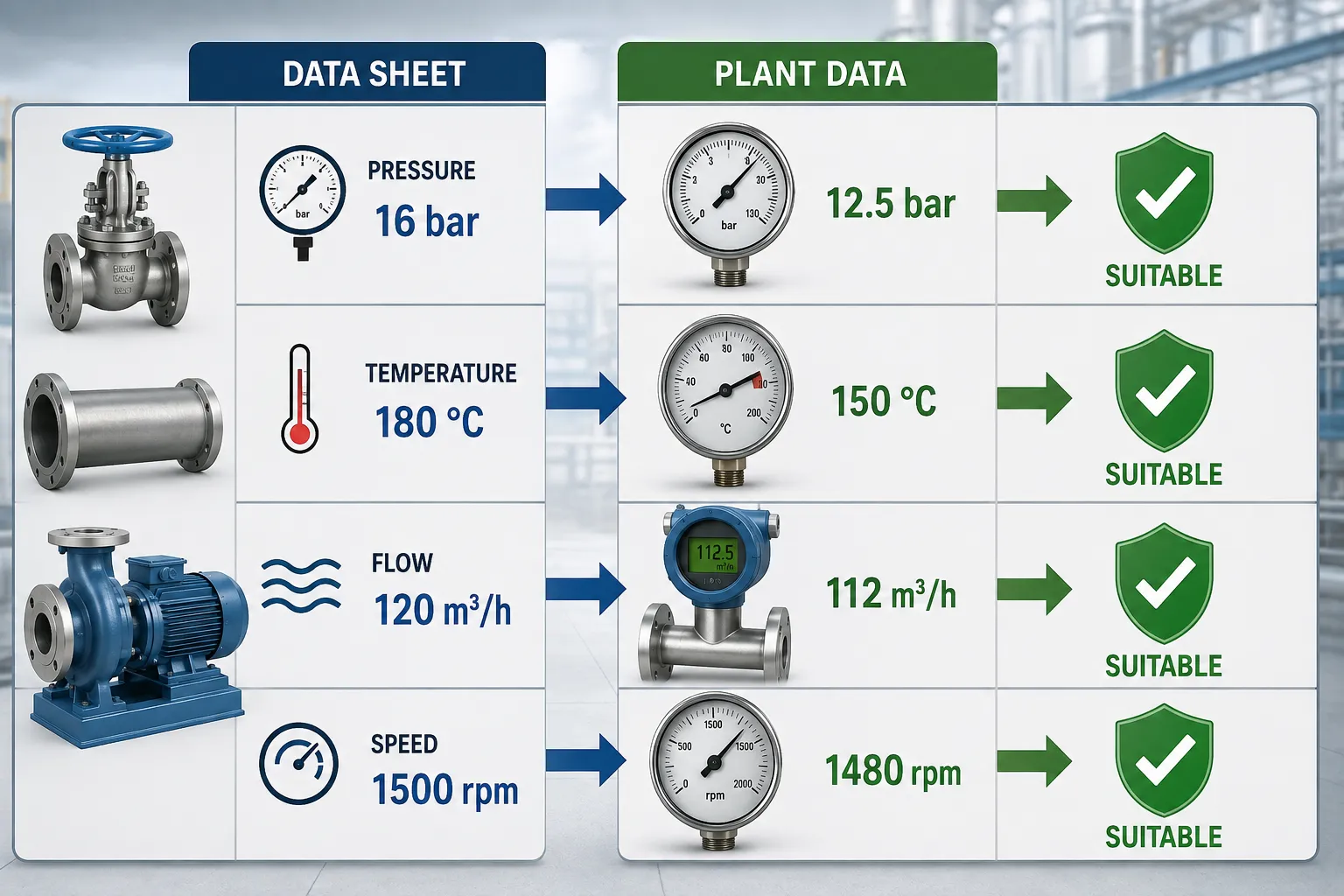 Lesson 2: Evaluate the reliability, safety, and suitability of components for operational conditions. 3 Industrial Equipment Compatibility Infographic