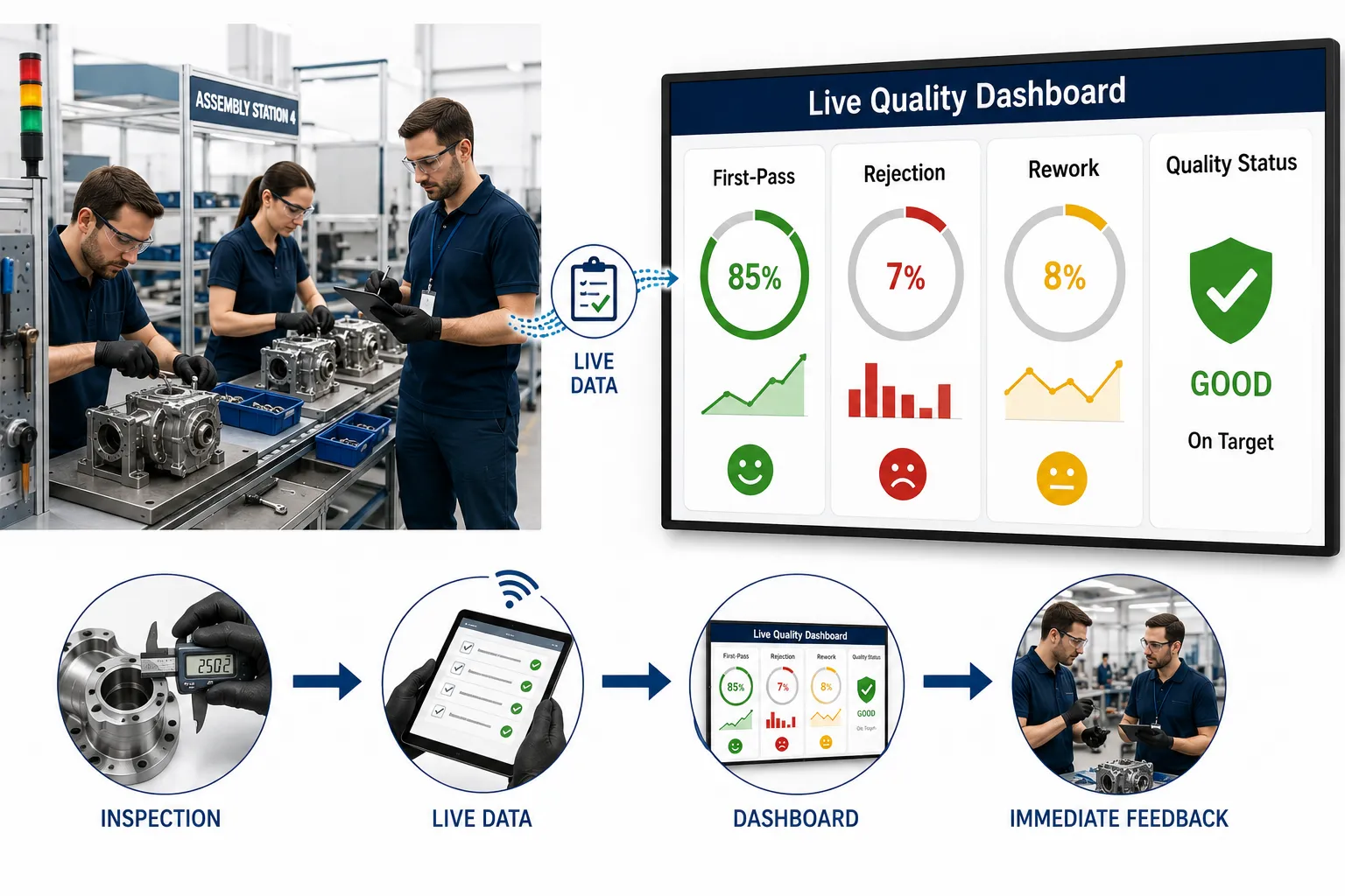 Lesson 5: Implement control charts, KPIs, and performance metrics to maintain high-quality standards. 3 Live Quality Dashboard Workflow