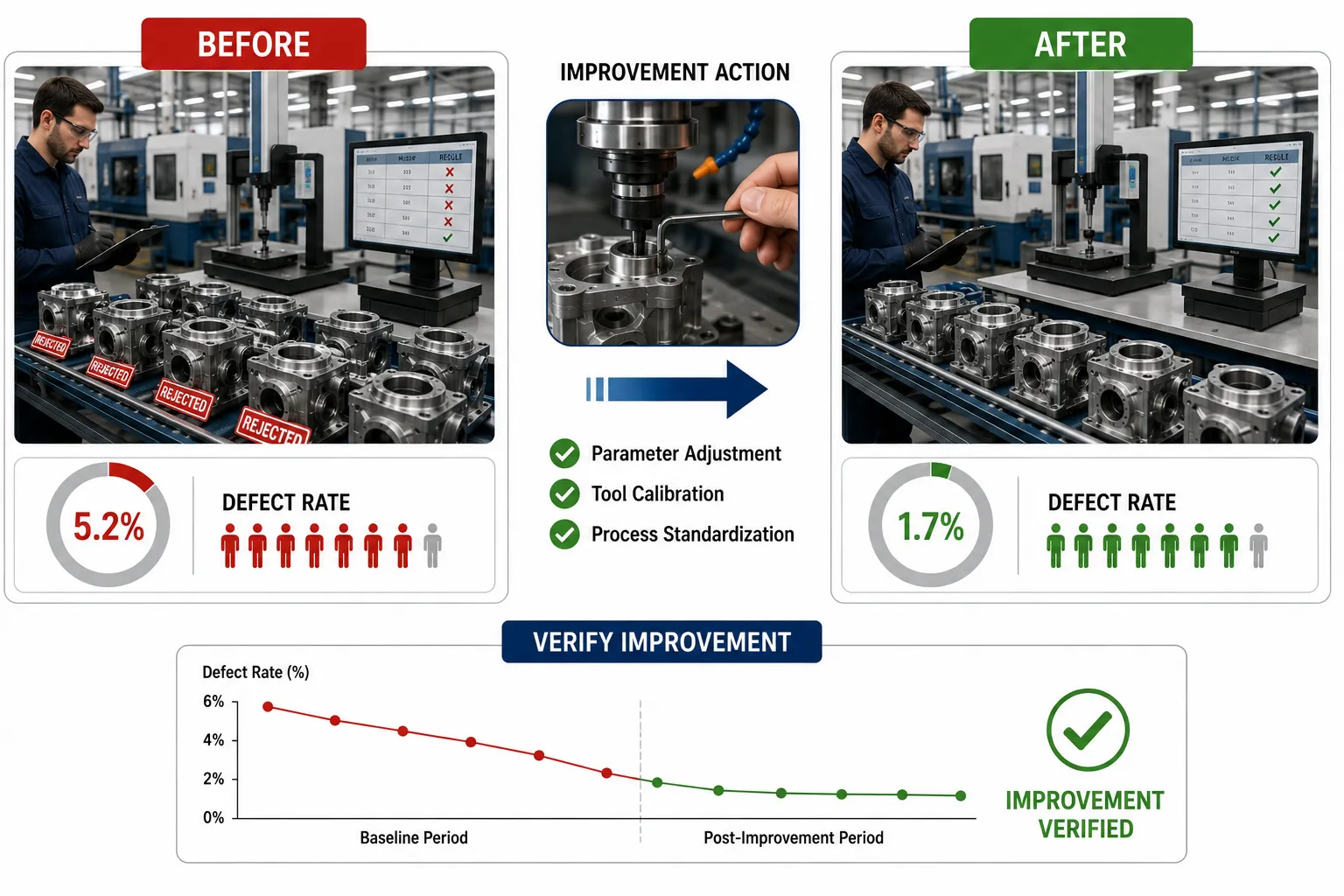 Lesson 6: Support continuous improvement initiatives through precise and actionable data analysis. 2 Manufacturing Defect Reduction Before and After