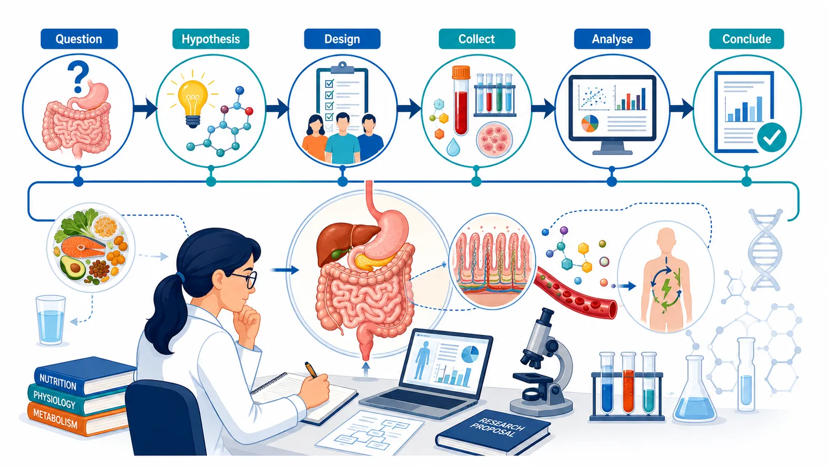 Lesson no 4 : Apply knowledge to clinical and research contexts. 2 Nutrition Research Workflow Infographic