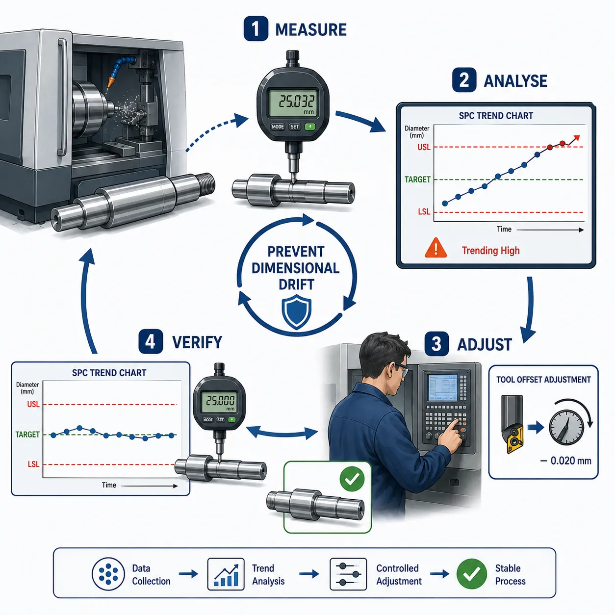 Lesson 1:Apply statistical methods to monitor and control mechanical engineering and manufacturing processes. 3 Prevent Dimensional Drift Workflow