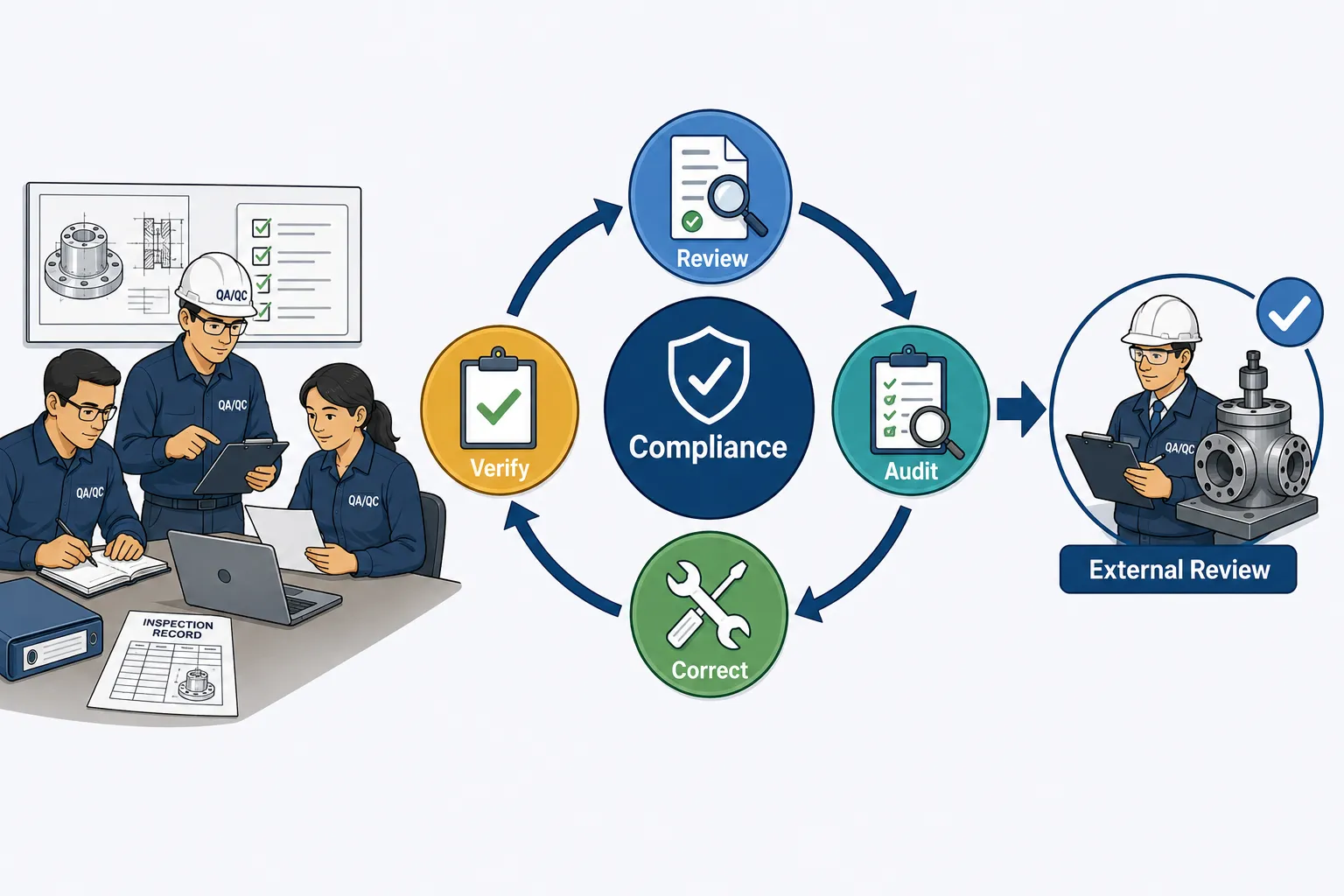 Lesson 5: Ensure all inspection and testing procedures comply with organisational and regulatory standards 4 QAQC Compliance Cycle Infographic