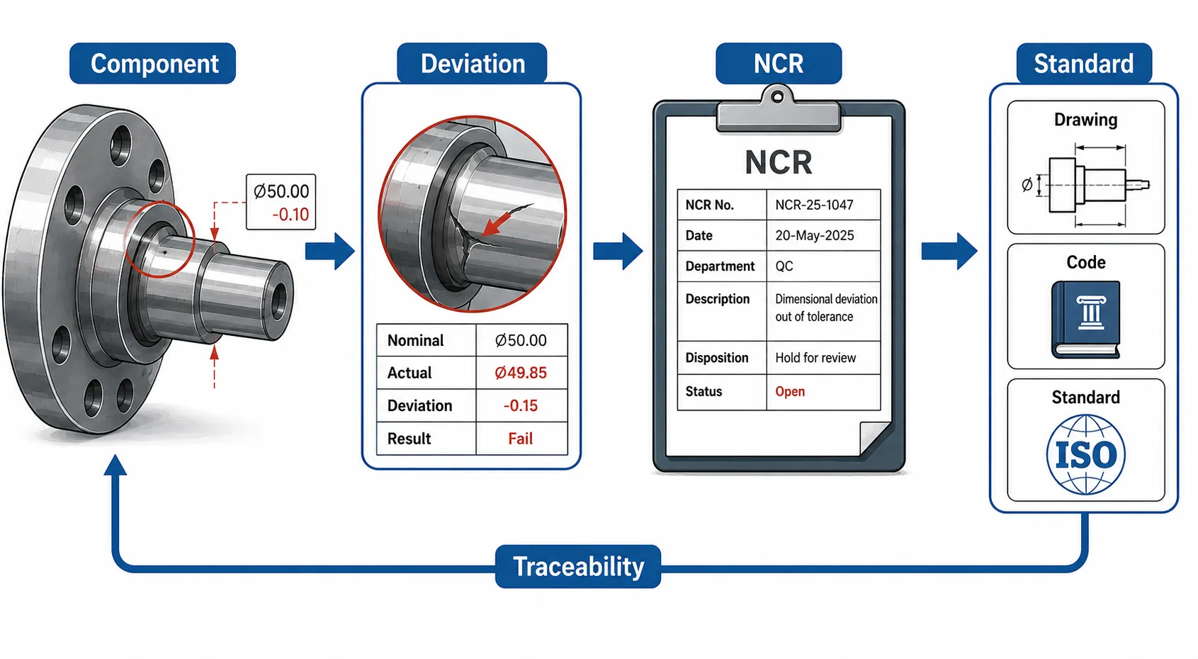 Lesson 3: Analyse test data to identify defects, safety risks, or non-compliance issues. 3 Quality Control Traceability Workflow