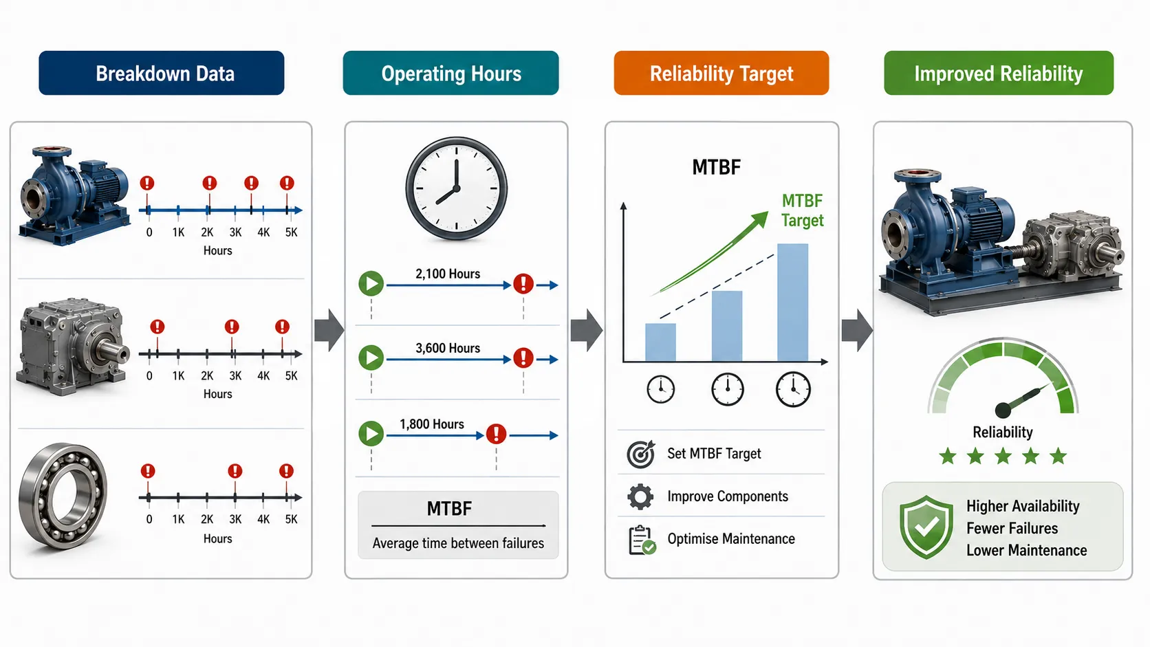 Lesson 4: Use data-driven strategies to improve process efficiency and component reliability. 2 Reliability Workflow Infographic