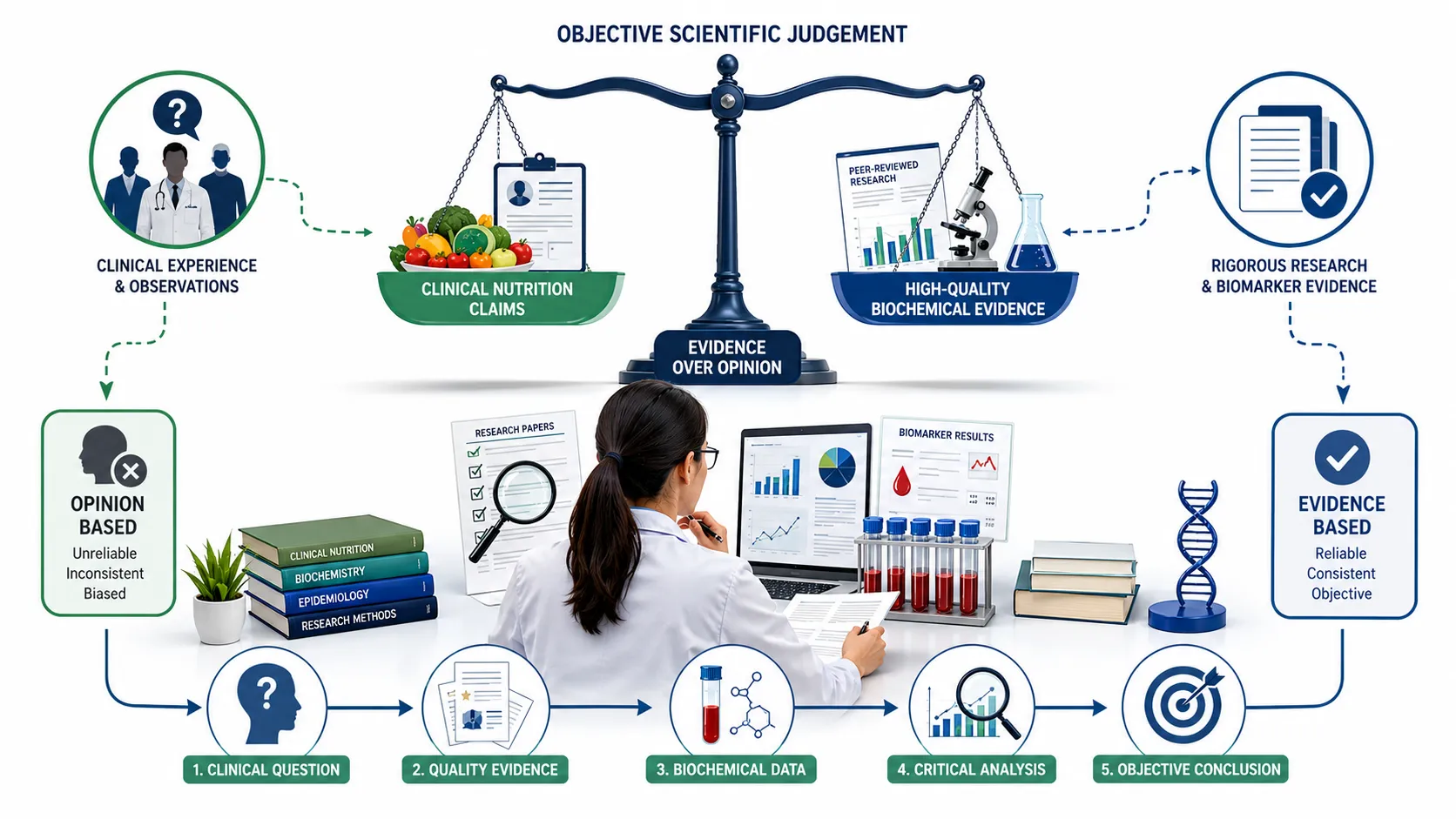 Lesson no 4 : Critically evaluate current research in clinical nutrition. 5 Evidence Over Opinion Infographic