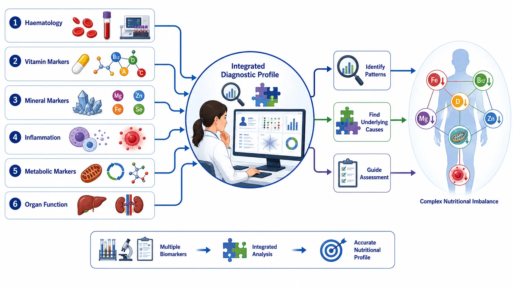 Lesson no 2 : Interpret laboratory tests and biomarkers for nutrient deficiencies and imbalances. 6 Integrated Nutritional Diagnostic Workflow