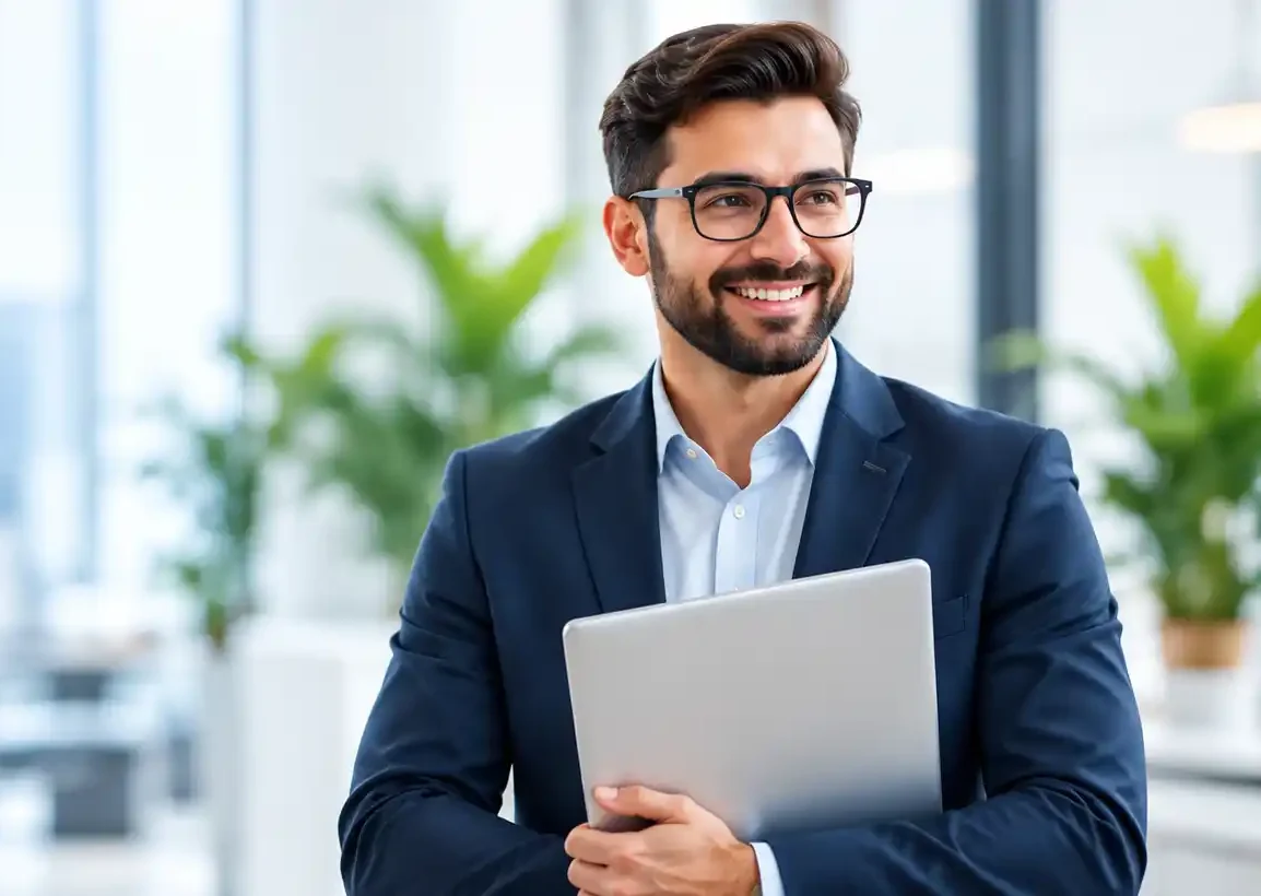 Professional holding a folder in a modern workplace