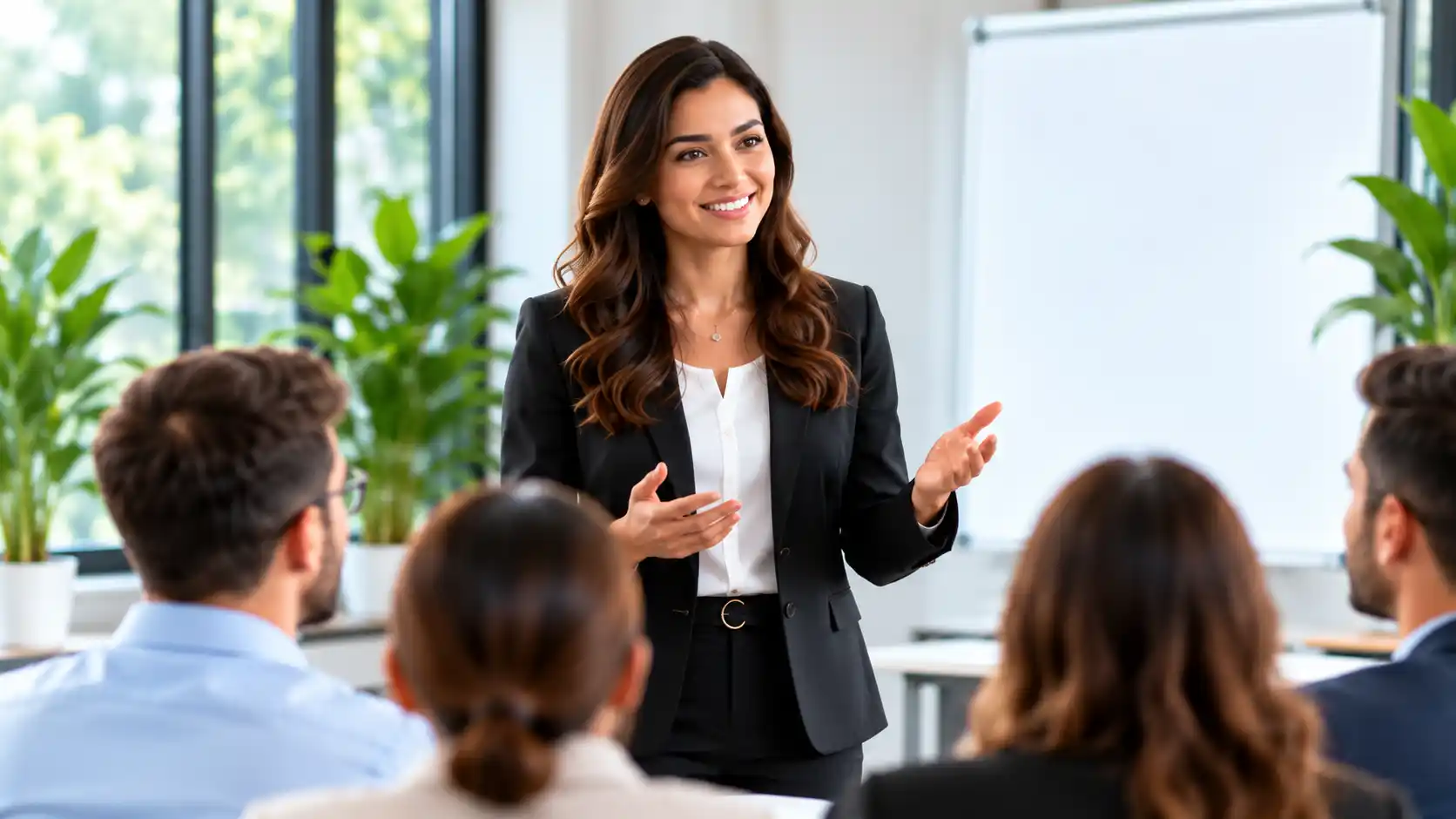 Professional trainer delivering a learning session in a modern classroom