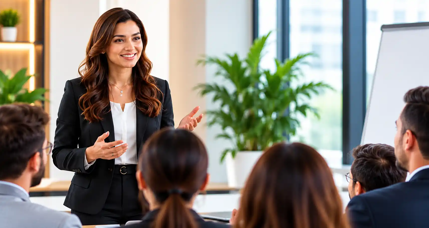 Professional presenter leading a session in a modern learning environment