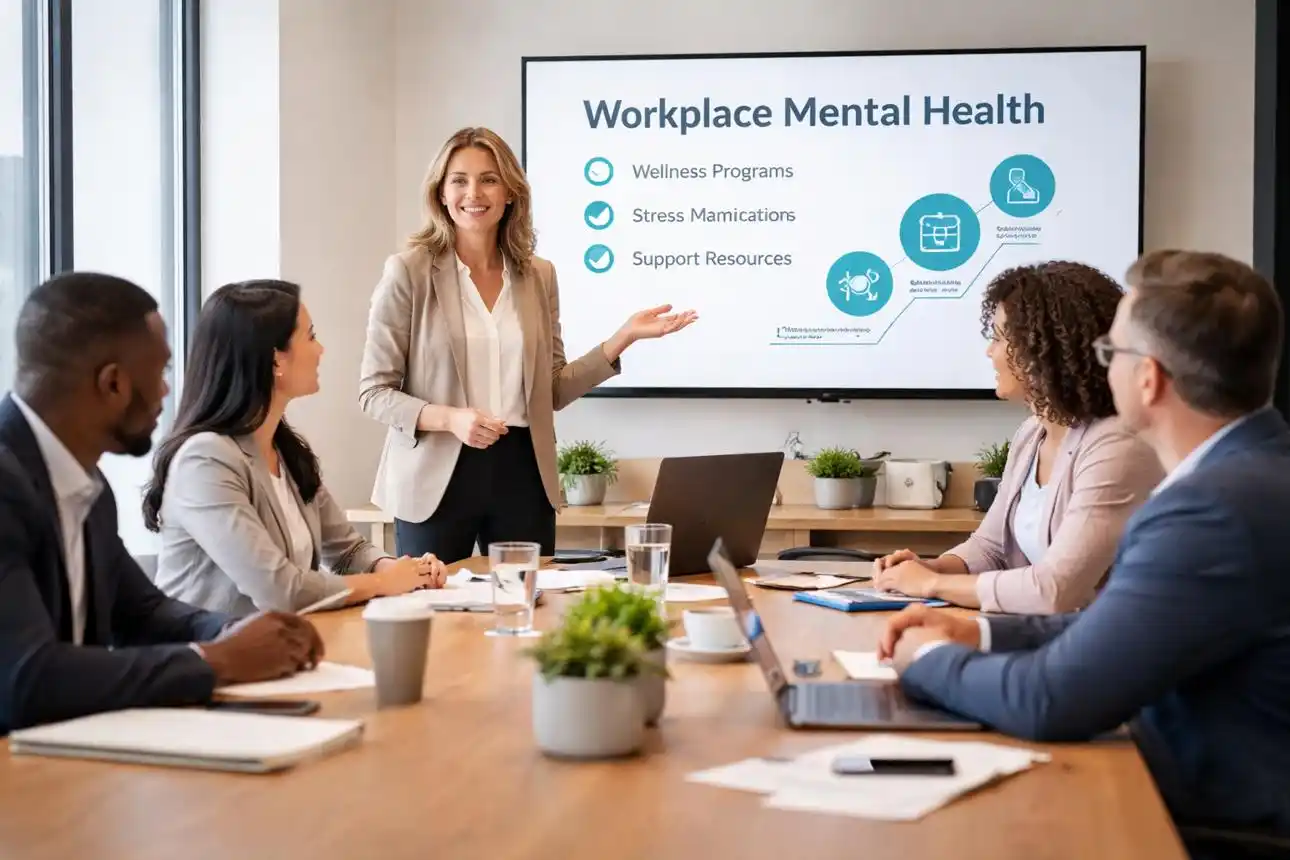 Professionals collaborating during a workplace wellbeing meeting