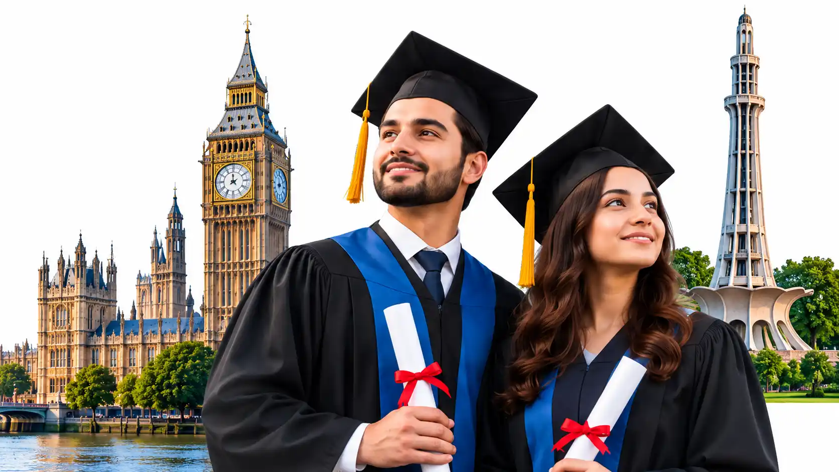 Graduates celebrating their achievements with London and Pakistan landmarks