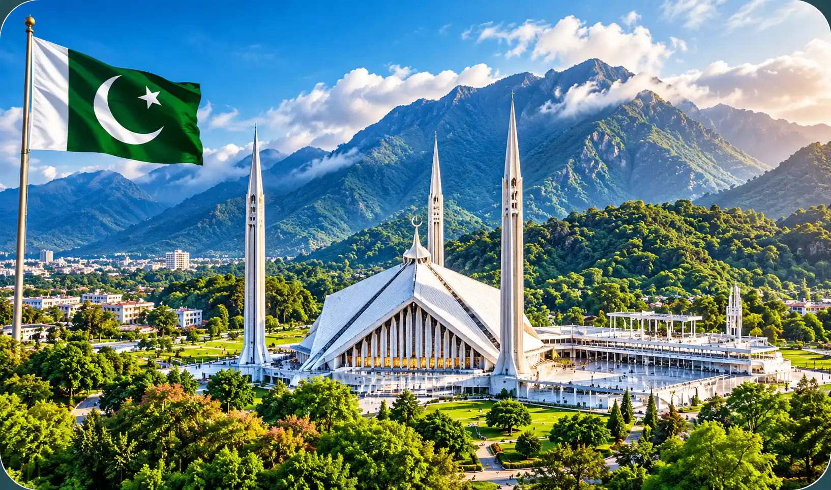 Faisal Mosque and the Margalla Hills in Islamabad, Pakistan