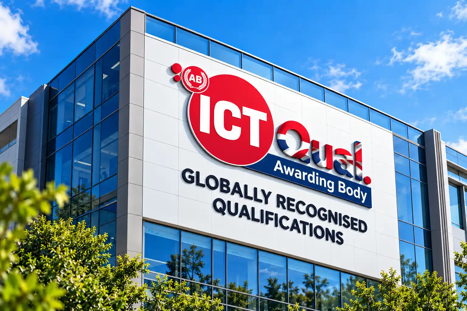 Modern glass office building representing professional qualifications and education