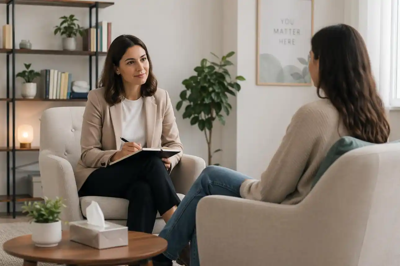 Professional counsellor discussing wellbeing with a client