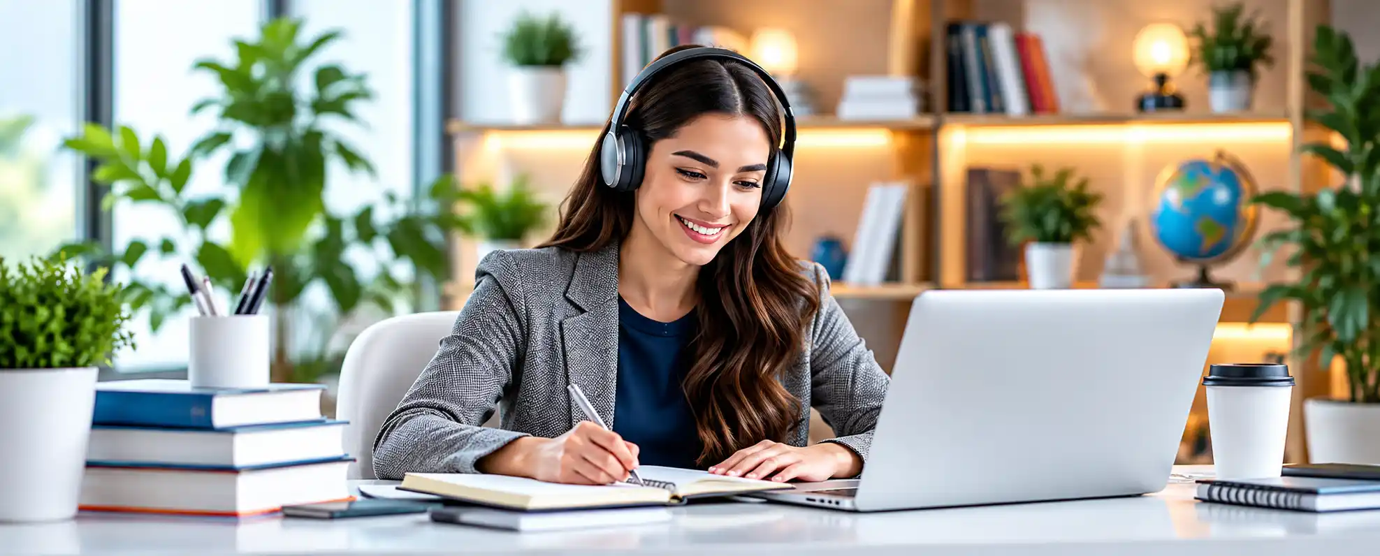 Learner studying online with a laptop and headphones in a comfortable learning environment