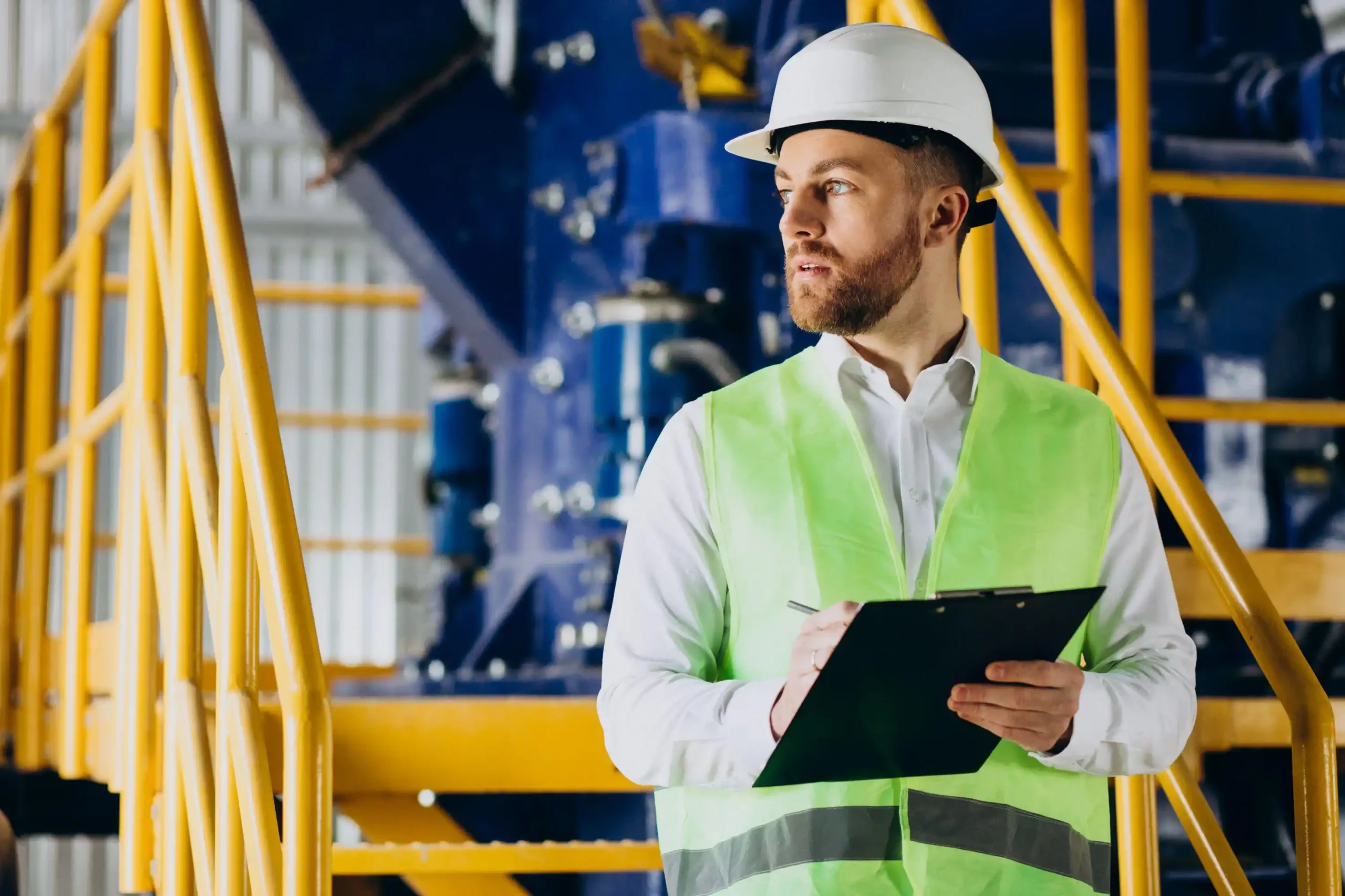 Professional engineer wearing safety equipment at an industrial workplace