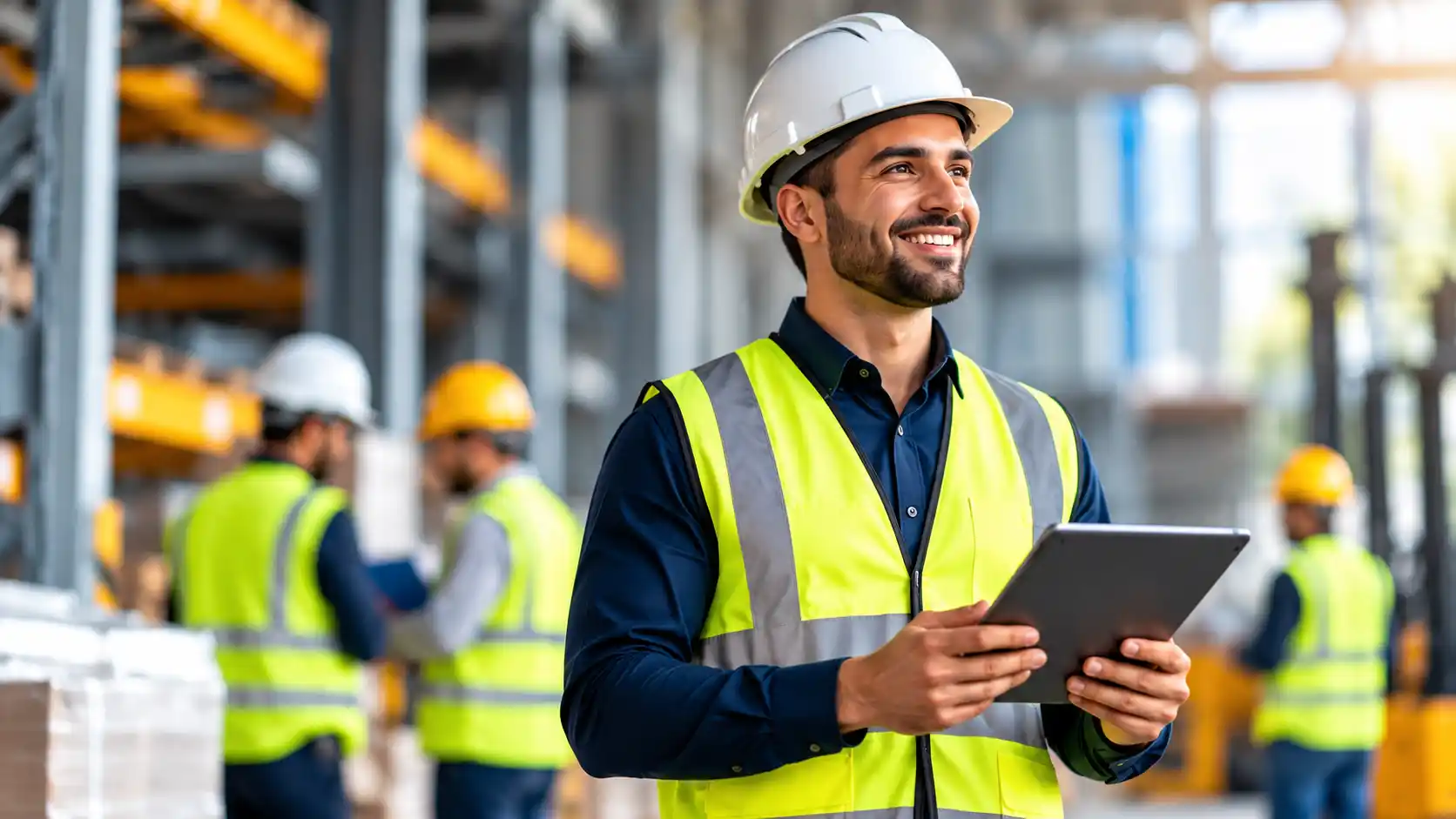 Occupational health and safety professional wearing a hard hat and high-visibility vest